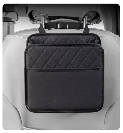 Car Seat Back Organizer, Quilted PU Leather, Multi-Pocket Storage with Umbrella Holder, Black