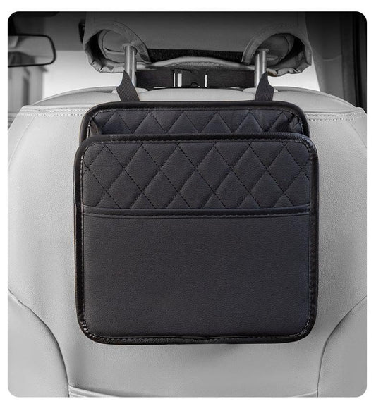 Car Seat Back Organizer, Quilted PU Leather, Multi-Pocket Storage with Umbrella Holder, Black