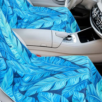 Hahafelt Car Seat Towel Covers with Storage Bag, 63 x 32 Inch Universal Non Slip Waterproof Sweat Protector for Car Truck, Gym Swimming Running, Machine Washable(2 Pack,Blue Leaves) - style: Blue Leaves
