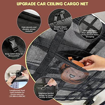 Upgrade Car Ceiling Cargo Net Pocket,31.5"x21.6" Double-Layer Roof Storage Organizer,Overhead Net for SUV & Van Camping,Travel Road Trips,Van Life Essentials,Fit 4 Handle Vehicles - size: 31.5 x 21.6 inches