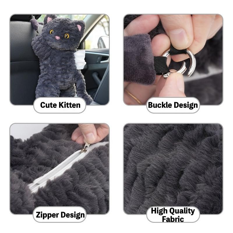 Cute Cat Car Tissue Holder Plush Kitten Paper Box for Backseat Adorable Hanging Organizer & Decor for Women Pet Lovers & Gifts (Black)