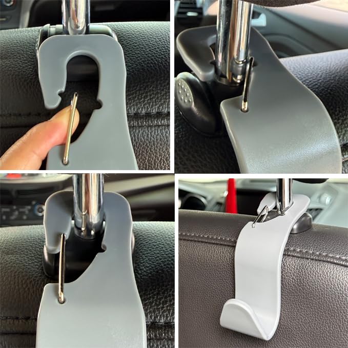 4-Pack 360° Rotating Car Seat Headrest Hook 4 Pack Hanger Universal Vehicle Car Storage Organizer for Handbag Purse Coat with Clip Gray - color: Gray