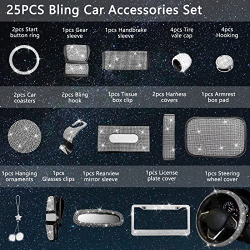 25PCS Bling Car Car Accessories Set,15 Inch Steering Wheel Cover,Shiny License Plate Frame,Center Console Cover and Rearview Mirror Set and Other Car Accessories(White) - color: White