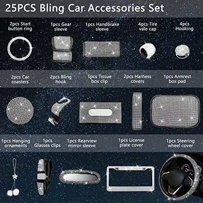 25PCS Bling Car Car Accessories Set,15 Inch Steering Wheel Cover,Shiny License Plate Frame,Center Console Cover and Rearview Mirror Set and Other Car Accessories(White) - color: White