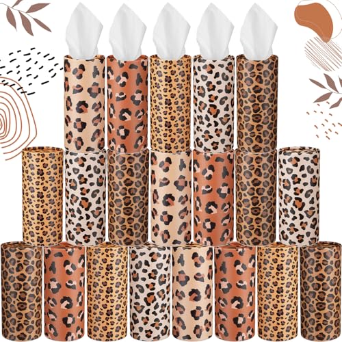 Maxcheck 20 Pack Car Tissues Cylinder with 3 Ply Facial Napkins Bulk, Travel Round Tissue Boxes for Car Cup Holder Paper Napkins Tube Container for Home Bathroom Office (Leopard Style) - style: Leopard Style