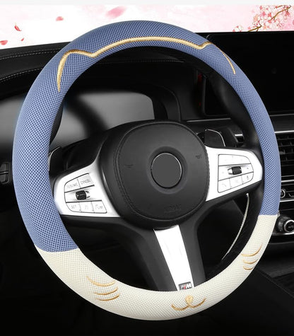 38cm Car Steering Wheel Cover, Universal 15 inch, Microfiber Breathable Ice Silk, Anti-Slip, Odorless, Easy to Install, Blue and White Contrast Design, Cute Cat for Girls, Ladies, Women - color: BLUE-WHITE