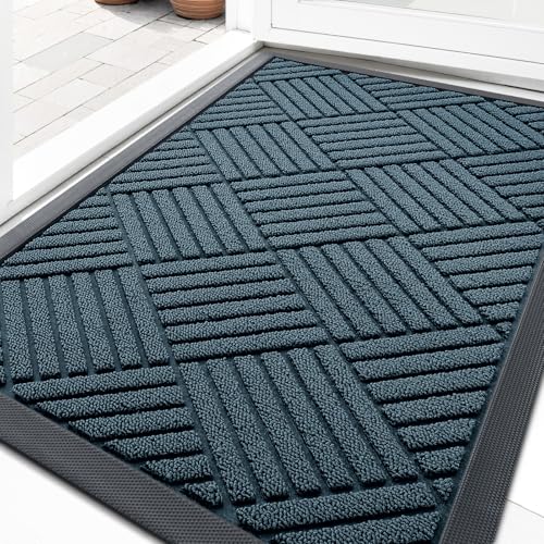 OLANLY Front Door Mat Outside Entrance 29.5x17, Absorbent, Heavy Duty Sturdy Natural Rubber Doormat Indoor Outdoor, Stain Fade Resistant, Non-Slip Low Profile Floor Mat for Entryway, Lake Blue Diamond - color: Lake Blue Diamond, size: 29.5" X 17"