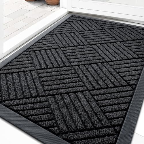 OLANLY Front Door Mat Outside Entrance 29.5x17, Absorbent, Heavy Duty Sturdy Natural Rubber Doormat Indoor Outdoor, Stain and Fade Resistant, Non-Slip Low Profile Floor Mat for Entryway, Black Diamond - color: Black Diamond, size: 29.5" X 17"