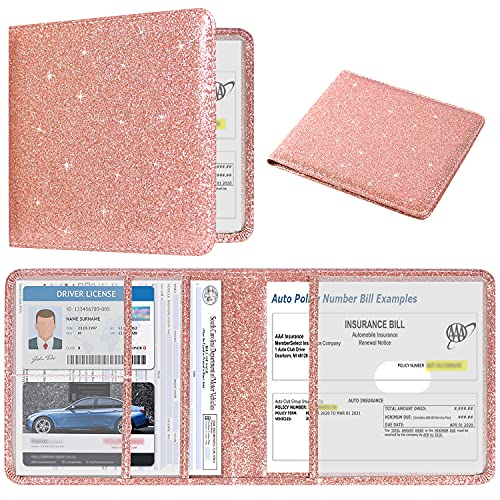 DMLuna Car Registration and Insurance Holder, Folio Leather Vehicle Card Document Glove Box Organizer, Auto Truck Compartment Accessories for Essential Information, Driver License Cards, Glitter Rose - color: Glitter Rose, size: Folio Style