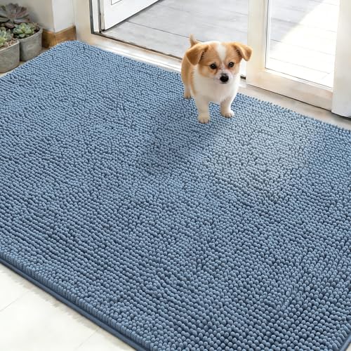 OLANLY Dog Door Mat for Muddy Paws 50x30, Absorbs Moisture and Dirt, Absorbent Non-Slip Washable Doormat, Quick Dry Chenille Mud Mat for Dogs, Entry Indoor Entryway Carpet for Inside Floor, Airy Blue - color: Airy Blue, size: 50" X 30"
