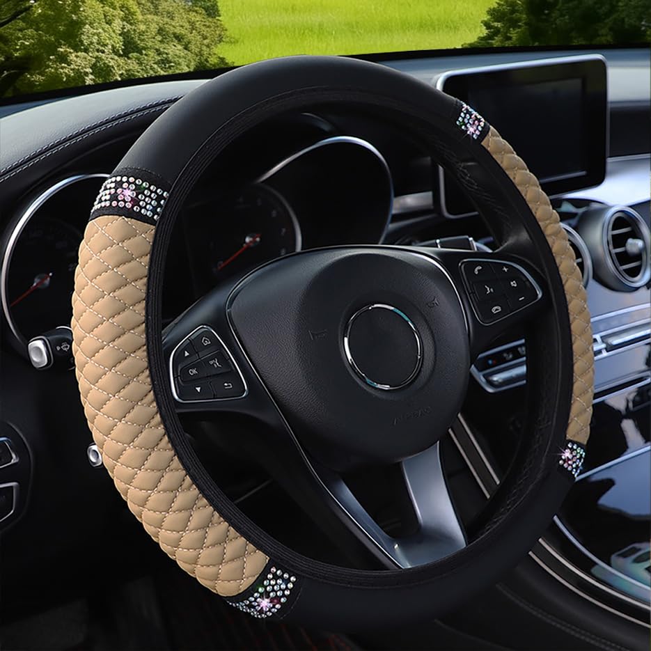 Microfiber Leather Steering Wheel Cover with Anti-Slip Lining Universal Car Accessory for Steering Wheel with a Diameter of 14.5-15 inch (Beige) - color: Beige