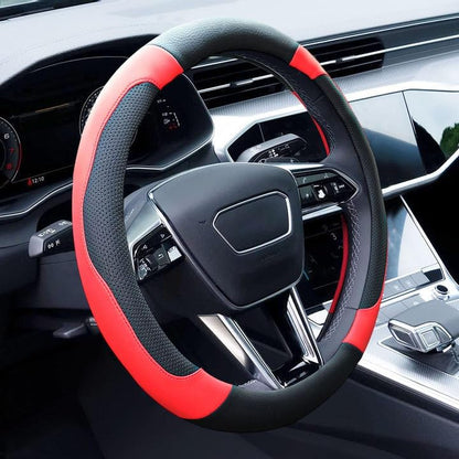 Black and Red Steering Wheel Cover Microfiber Leather Sporty Car Accessories for Men and Women,Breathable Non-Slip Universal Fit 14 1/2-15 Inch - color: Black+Red