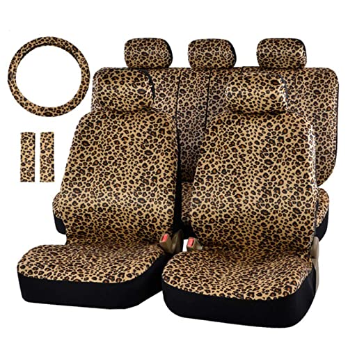 AUTOFAN Leopard Car Seat Covers Full Set with Steering Wheel Cover 2 Seat Belt Pads, Cheetah Print Seat Covers for Cars for Women,Airbag Compatible,Universal Fits for Cars,SUV,Truck - color: animal leopard