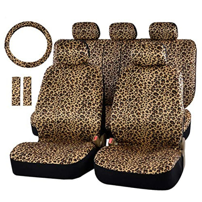 AUTOFAN Leopard Car Seat Covers Full Set with Steering Wheel Cover 2 Seat Belt Pads, Cheetah Print Seat Covers for Cars for Women,Airbag Compatible,Universal Fits for Cars,SUV,Truck - color: animal leopard