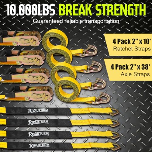 4 Pack Car Tie Down Straps for Trailers - 2" x 10' Ratchet Straps with J-Hooks and 2" x 38'' Axle Straps 10,000lbs Break Strength Heavy Duty Car Hauler Tire Straps for Car, Trailer, UTV Transport - color: Yellow