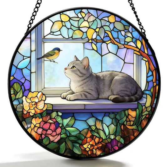 Stained Glass Cat Window Suncatcher, Cat on Windowsill Sun Catcher, Colorful Pet Lover Window Decor Gift - color: Cat Window Suncatcher, size: 14.9x14.9 INCH
