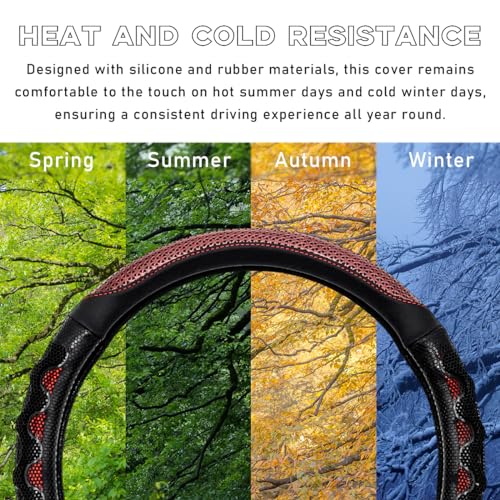 Car Steering Wheel Cover, 15 Inch Leather D-Shaped Comfy Grip Steering Wheel Protector, Anti-Slip Steering Wheel Cover with 3D Honeycomb for Most Vehicles, Car Accessories (Red) - color: D-Shape, Red