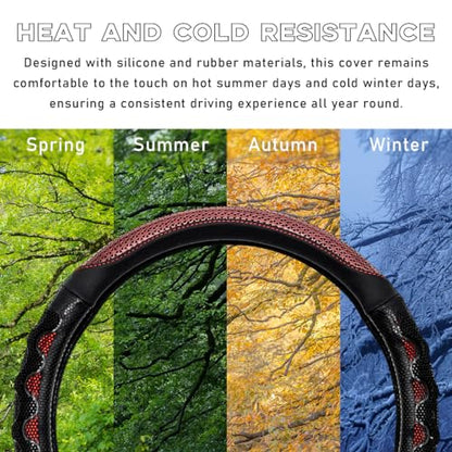 Car Steering Wheel Cover, 15 Inch Leather D-Shaped Comfy Grip Steering Wheel Protector, Anti-Slip Steering Wheel Cover with 3D Honeycomb for Most Vehicles, Car Accessories (Red) - color: D-Shape, Red