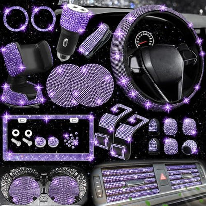 NBTEPEM 27 PCs Purple Violet Bling Car Accessories Set for Women, Steering Wheel Covers Universal Fit 15 Inch, Bling License Plate Frame, Bling Phone Holder, Bling Car Coasters - color: Purple Violet Diamond