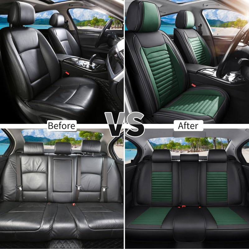 Car Seat Covers Full Set Fit for Chevy/Chevrolet Cruze 2011-2019, Premium Faux Leather Car Seat Protectors,Breathable Anti-Slip Full Wrapping Edge Seat Covers(Black&Green,Full Set)