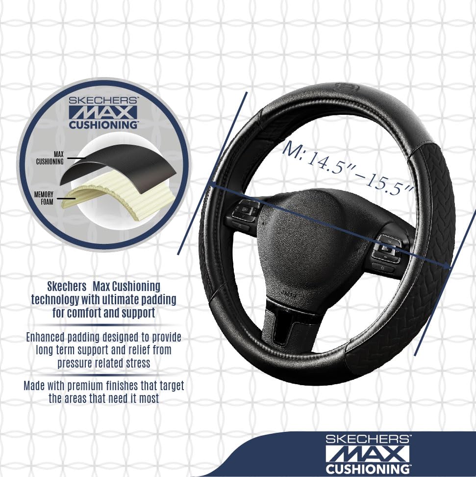 Skechers Steering Wheel Cover,Max Cushioning Leather Steering Wheel Cover Universal Fit 14" 1/2-15" Car Wheel Protector for Men Women Fit Suvs,Vans,Sedans,Car,Trucks,Black - color: Black