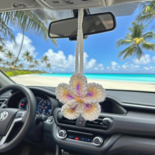 Hibiscus Flower Car Hanging Ornament,Crochet Hawaiian Tropical Flowers Bag Charms Decor Car Rear View Mirror Beach Accessories (White) - color: White