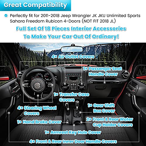 18 PCS Full Set Interior Decoration Trim Kit Steering Wheel Center Console Door Handle Air Conditioning Vent Cup Holder Gear Cover Trim for Jeep Wrangler JK JKU 2011-2018 4-Door (Light Blue) - color: Light Blue