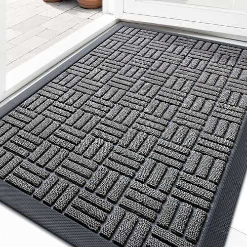 OLANLY Front Door Mat Outside Entrance 33x21, Absorbent, Heavy Duty Sturdy Natural Rubber Doormat Indoor Outdoor, Stain and Fade Resistant, Non-Slip Backing Low Profile Floor Mat for Entryway, Grey - color: Grey, size: 33" X 21"