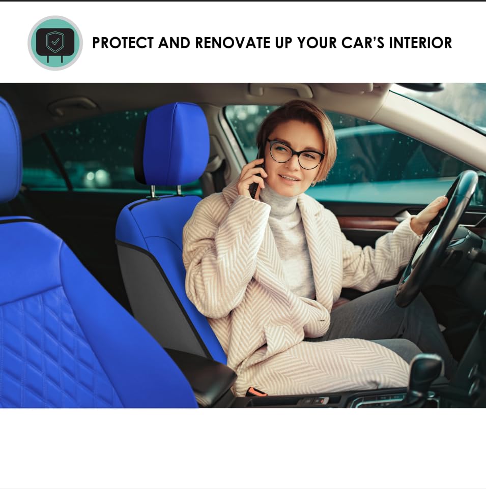 FH Group Deluxe Faux Leather Diamond Pattern Front Set Car Seat Cushions Comes with Headrest Covers (Blue) with Gift, Easy to Install - Universal Fit for Cars, Trucks, & SUVs - color: Blue