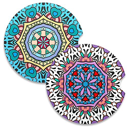 Car Coasters for Cup Holders, 2 Pack Absorbent Ceramic Car Cup Holder Coaster for Drinks, Cute Auto Assecories for Women Men, Size 2.56 in with Finger Notch & Cork Base, Mandala - color: Mandala Flower
