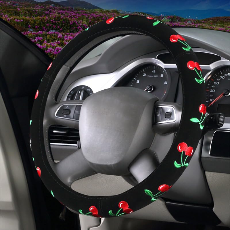 Mayco Bell Automotive Women Embroidery Cute Car Steering Wheel Cover (Cherry) - color: Cherry