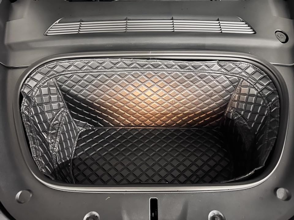Compatible with Tesla Model Y 2020-2025 Frunk Mats Front Trunk Mat Frunk Organizer Leather All-Weather Full Coverage - color: Black with Black Stitching, size: 2020-2025 Front Trunk Mat