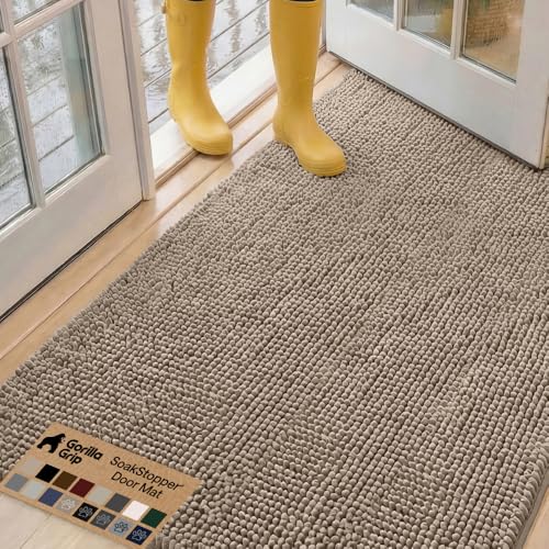 GORILLA GRIP SoakSTOPPER Dog Door Mat, 60x36 Machine Washable Rug Absorbent Doormat Captures Moisture Mud Dirt, Quick Dry Soft Chenille Entryway Rugs Indoor Entrance Mats for Dog Paws, Beige - color: Beige, size: 60" X 36"