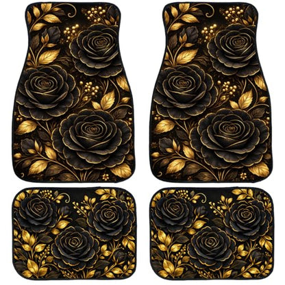 Rose Car Floor Mats Set of 4 Black Gold Floral Luxury Gothic Botanical Art Automotive Foot Mats Rugs Carpet for Car Non-Slip Auto Car Accessories Universal Fit for Car SUV Truck Van