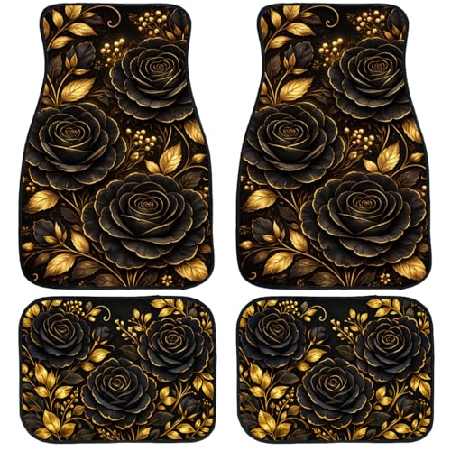 Rose Car Floor Mats Set of 4 Black Gold Floral Luxury Gothic Botanical Art Automotive Foot Mats Rugs Carpet for Car Non-Slip Auto Car Accessories Universal Fit for Car SUV Truck Van - color: Rose