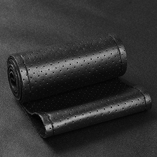 Top Genuine Leather Steering Wheel Cover with Anti-Slip Design, Soft Padding, Universal 15 Inch Auto Car Steering Wheel Stitch on Wrap - color: black thread