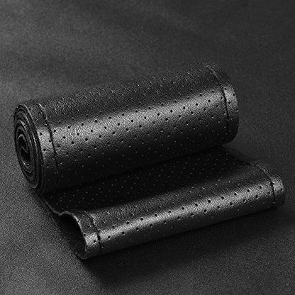 Top Genuine Leather Steering Wheel Cover with Anti-Slip Design, Soft Padding, Universal 15 Inch Auto Car Steering Wheel Stitch on Wrap - color: black thread