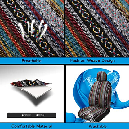 Baja Saddle Blanket Car Seat Covers 4PCS Front, Breathable and Washable Striped Woven Automotive Vehicle Seat Cover, Universal Seat Cover for Sedan, SUV, Truck, Airbag Compatible