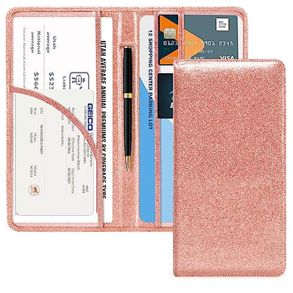 CoBak Car Registration and Insurance Holder - Vehicle Glove Box Car Organizer,Auto Truck Comparment Accessories Case with Magnetic Closure for Essential Document,Driver License,Cards - color: L-Glitter Rose Gold