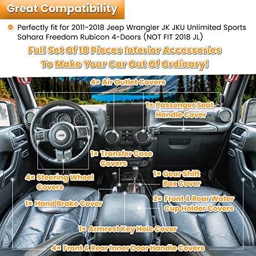 18 PCS Full Set Interior Decoration Trim Kit Steering Wheel Center Console Door Handle Air Conditioning Vent Cup Holder Gear Cover Trim for Jeep Wrangler JK JKU 2011-2018 4-Door (Glossy Carbon Fiber) - color: Carbon Fiber