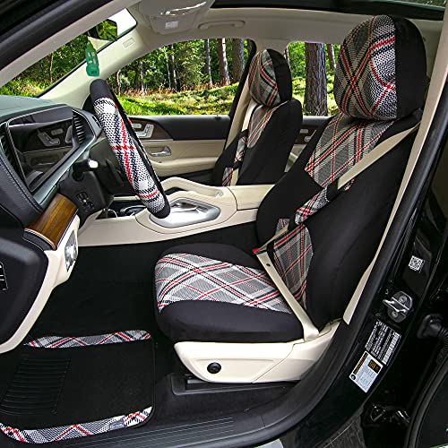 FH Group Full Set Plaid Print Cloth Car Seat Covers Combo Set with Carpet Floor Mats, Universal Fit, Washable Seat Cover for SUV, Sedan, Beige - color: Beige
