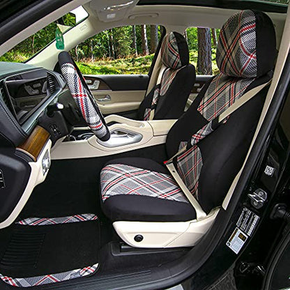 FH Group Full Set Plaid Print Cloth Car Seat Covers Combo Set with Carpet Floor Mats, Universal Fit, Washable Seat Cover for SUV, Sedan, Beige - color: Beige