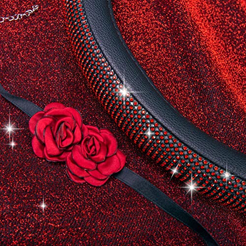 CAR PASS Red Diamond Black Leather Steering Wheel Cover, with Bling Crystal Rhinestones Universal Fit 14" 1/2-15" Crystal Glitter for Women Sparkle Girl Fit Suvs,Vans,Sedans,Cars,Trucks, Red Diamond - color: Red Diamond