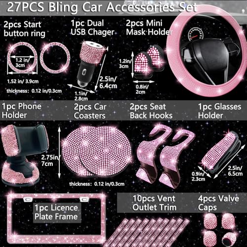 NBTEPEM 27-Piece Bling Car Accessories Set - Universal Fit Steering Wheel Covers, License Plate Frames, Phone Holder, Car Fast Charger, Coasters (Pink) - color: Pink Diamond