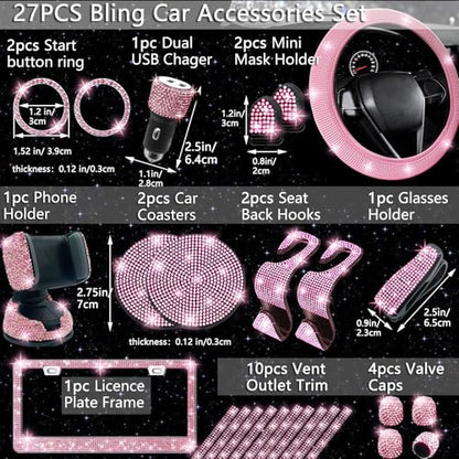 NBTEPEM 27-Piece Bling Car Accessories Set - Universal Fit Steering Wheel Covers, License Plate Frames, Phone Holder, Car Fast Charger, Coasters (Pink) - color: Pink Diamond