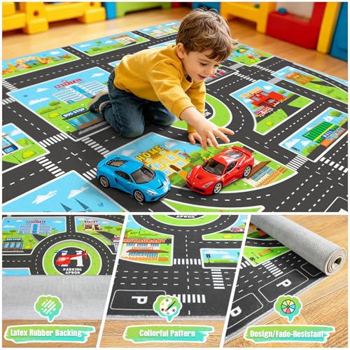 Kids Area Rugs for Playroom Non-Silp Carpet 7x9Ft Washable Rug for Childs, City Road, Building, Landmark Playmat for Kids Bedroom Playroom