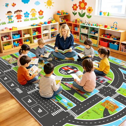 Kids Area Rugs for Playroom Non-Silp Carpet 7x9Ft Washable Rug for Childs, City Road, Building, Landmark Playmat for Kids Bedroom Playroom