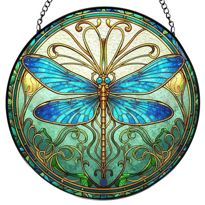 Blue Dragonfly Stained Glass Window Hanging, Dragonfly Suncatcher, Inset and Plant Suncatchers Sun Catchers Indoor Window Glass Wall Art Decor for Women Mom Grandma, 7.9x7.9in