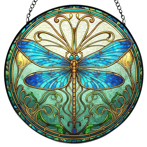 Blue Dragonfly Stained Glass Window Hanging, Dragonfly Suncatcher, Inset and Plant Suncatchers Sun Catchers Indoor Window Glass Wall Art Decor for Women Mom Grandma, 7.9x7.9in