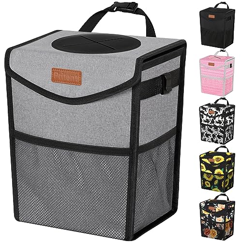 Pritent Car Trash Can with Lid, Cute Leakproof Car Trash Garbage Bag Hanging Vehicle Trash Bin Small Portable Automotive Garbage Cans Organizer for Back/Front Seat/Console(2.8 Gallons,Grey) - color: Grey, size: 2.8 Gallons